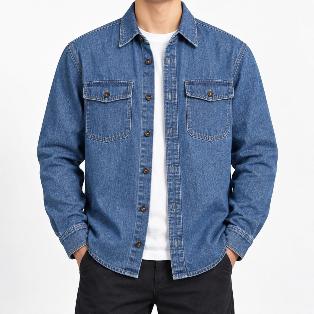Men's Heavyweight Cotton Denim Work Shirt in blue - worn view