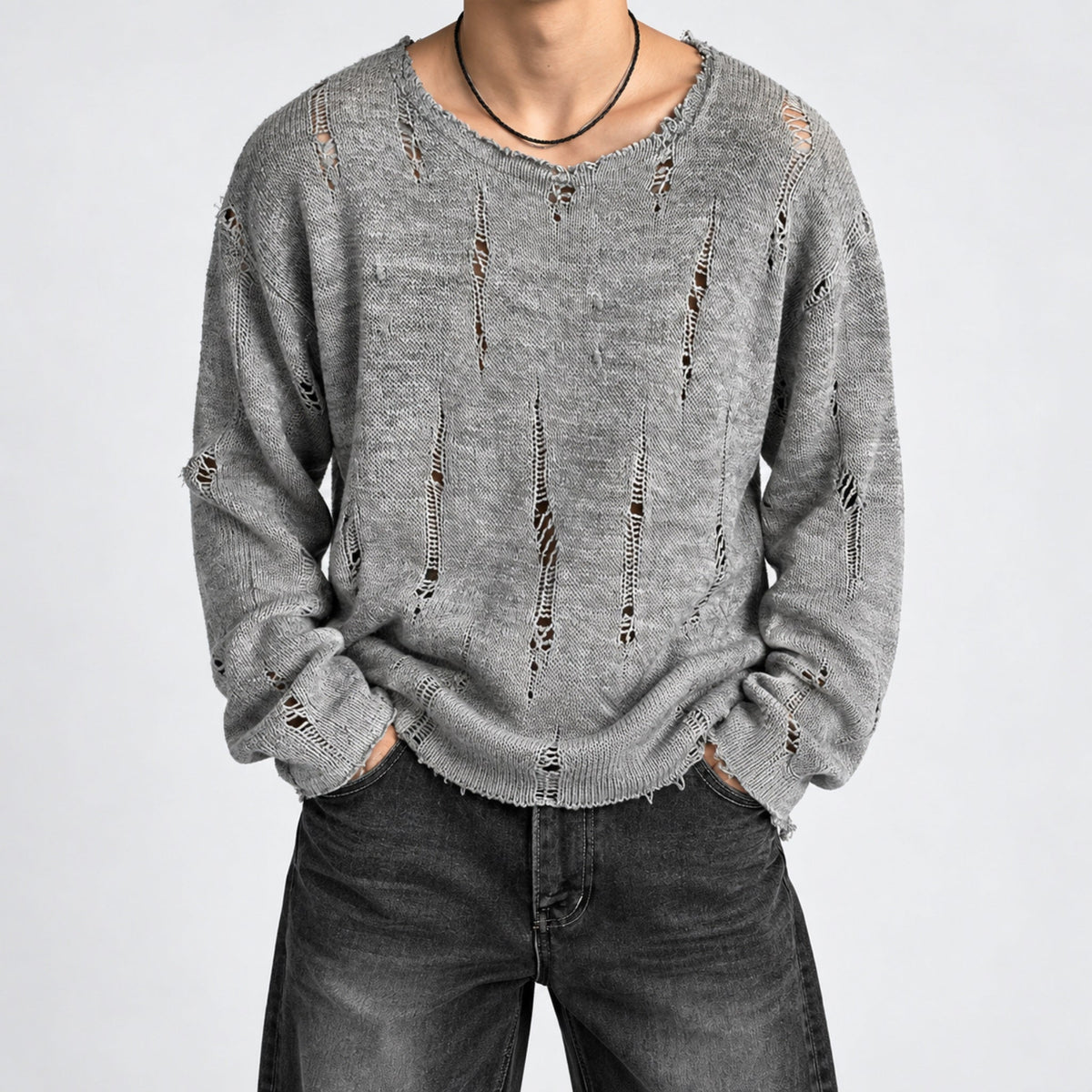 Men's Distressed Open-Knit Long-Sleeve Sweater in gray - worn view