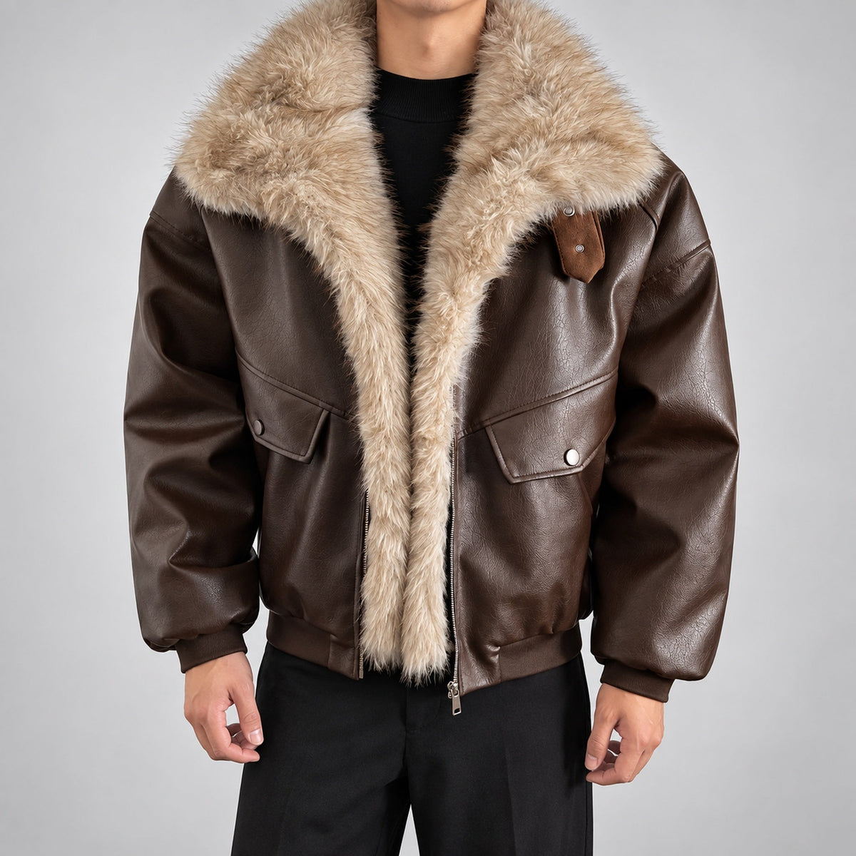 Men's Faux-Leather Shearling-Trim Puffer Jacket in brown - worn view