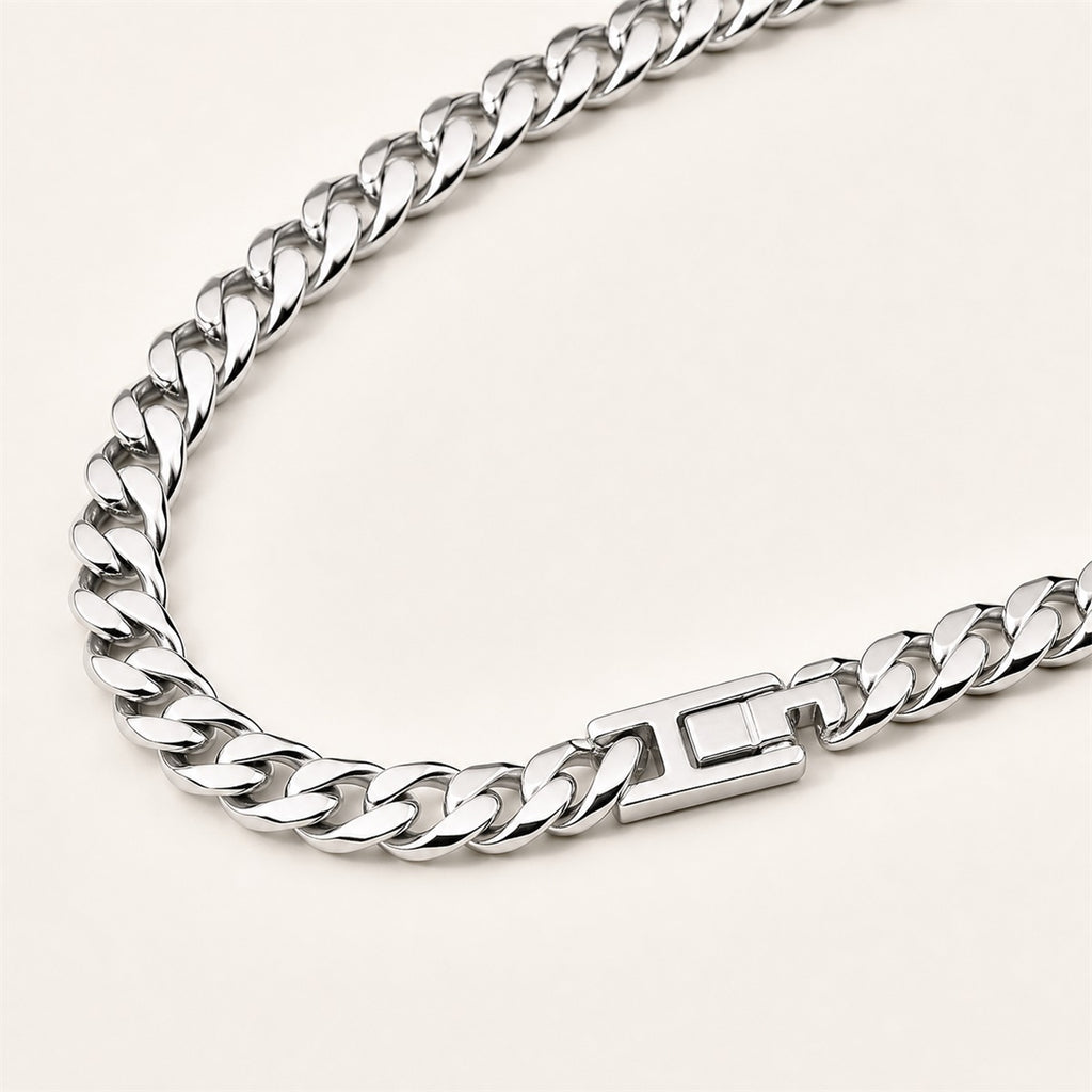 Silver Cuban link chain necklace with box clasp detail