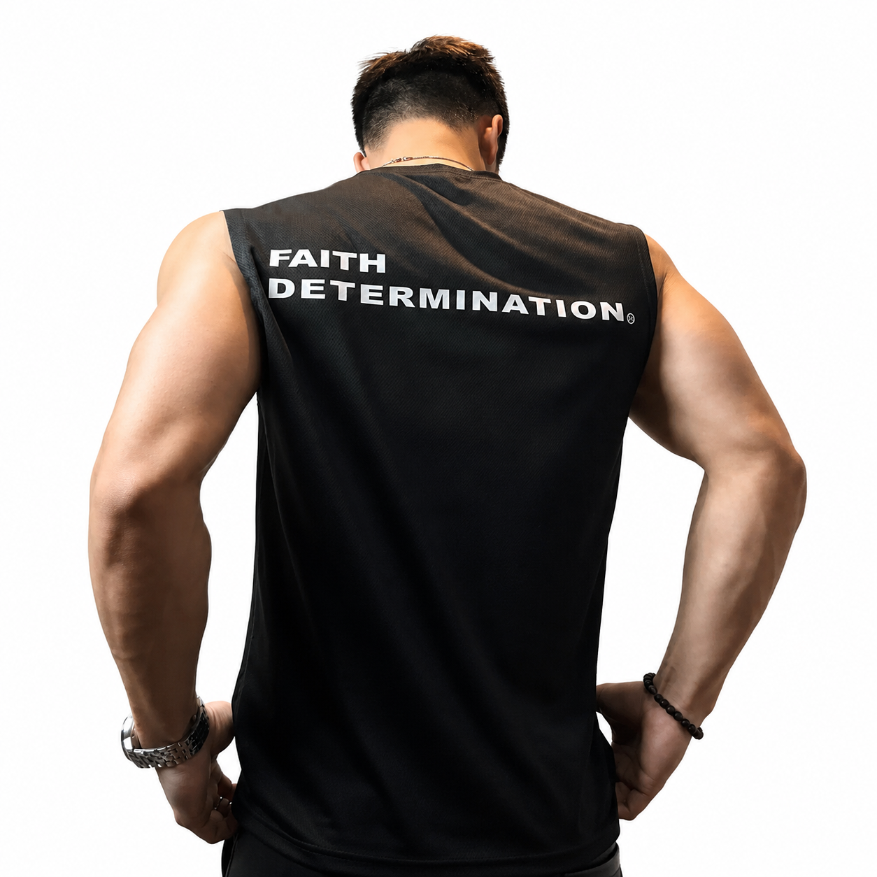 Black men's sleeveless training top with white Faith Determination back print