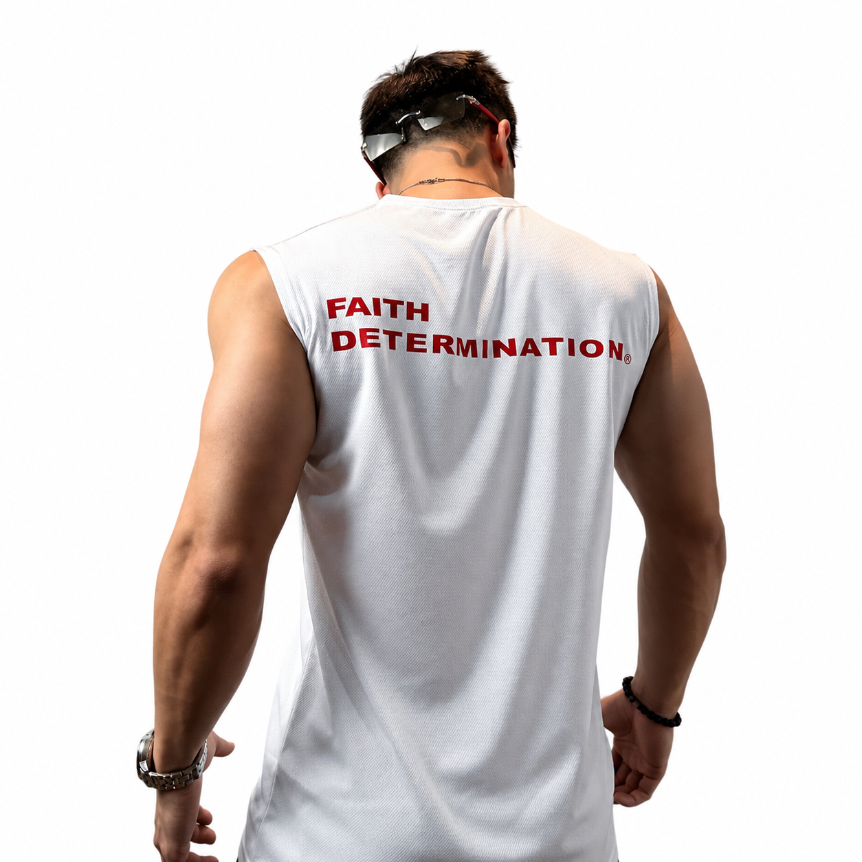 White men's sleeveless training top with red Faith Determination back graphic