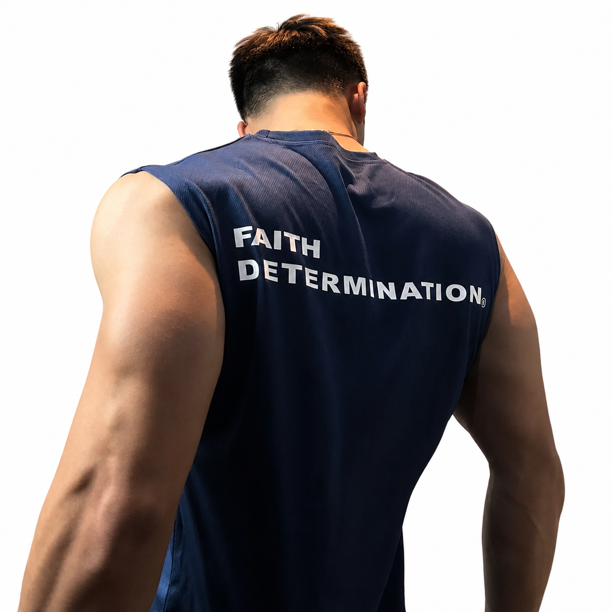 Navy blue men's sleeveless workout top with white back graphic
