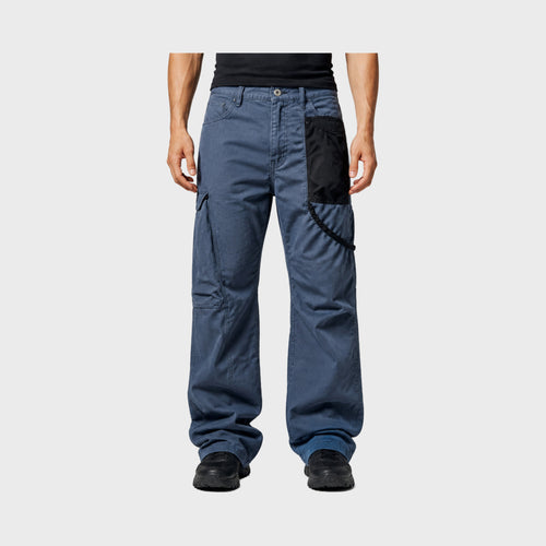 Men's Blue-Gray Multi-Pocket Barrel Cargo Pants in Blue Gray – model-worn front view