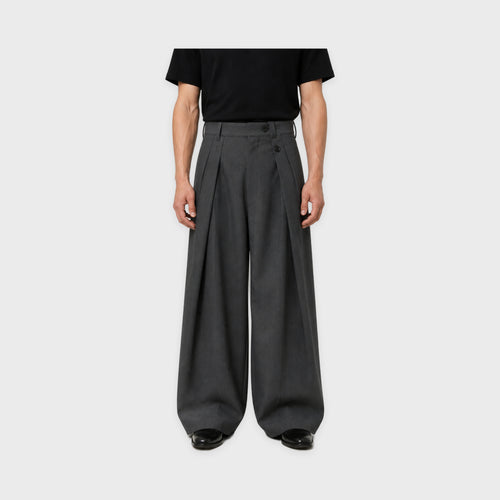 Men's Charcoal Double-Pleat Wide-Leg Trousers in Charcoal – model-worn front view