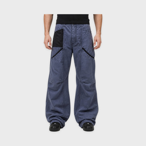 Men's Blue-Gray Curved-Panel Barrel Cargo Pants in Blue Gray – model-worn front view