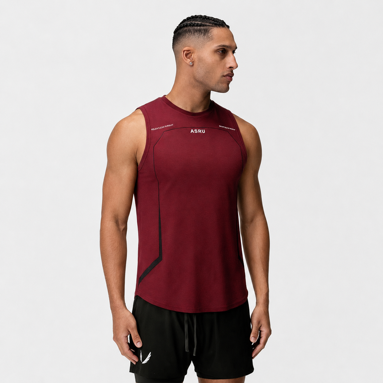 Burgundy red men’s sleeveless performance tank top with contour line details
