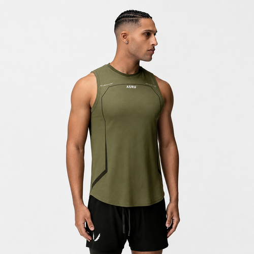 Olive green men’s sleeveless performance tank top with athletic shoulder cut