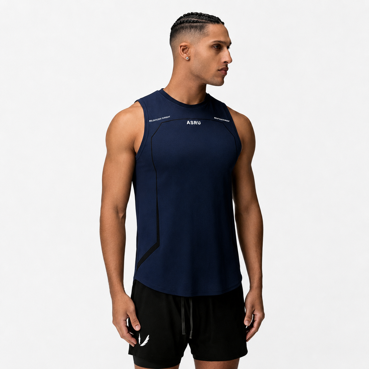 Navy blue men’s sleeveless performance tank top with curved hem