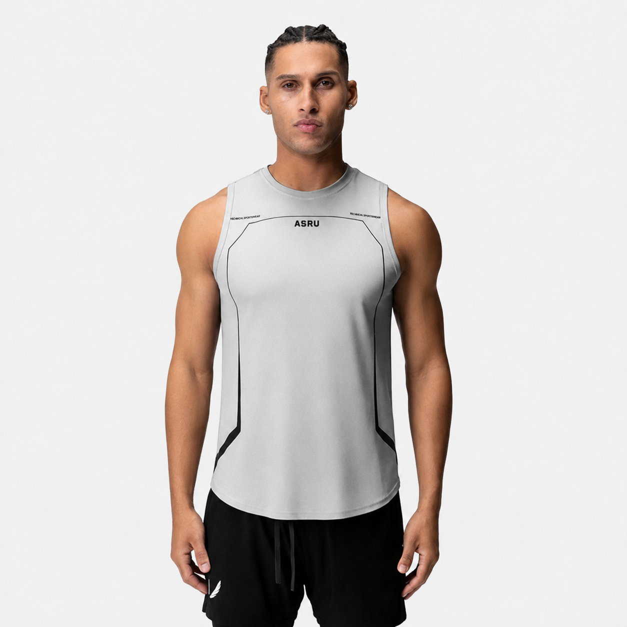 Light grey men’s sleeveless performance tank top with contrast panel lines