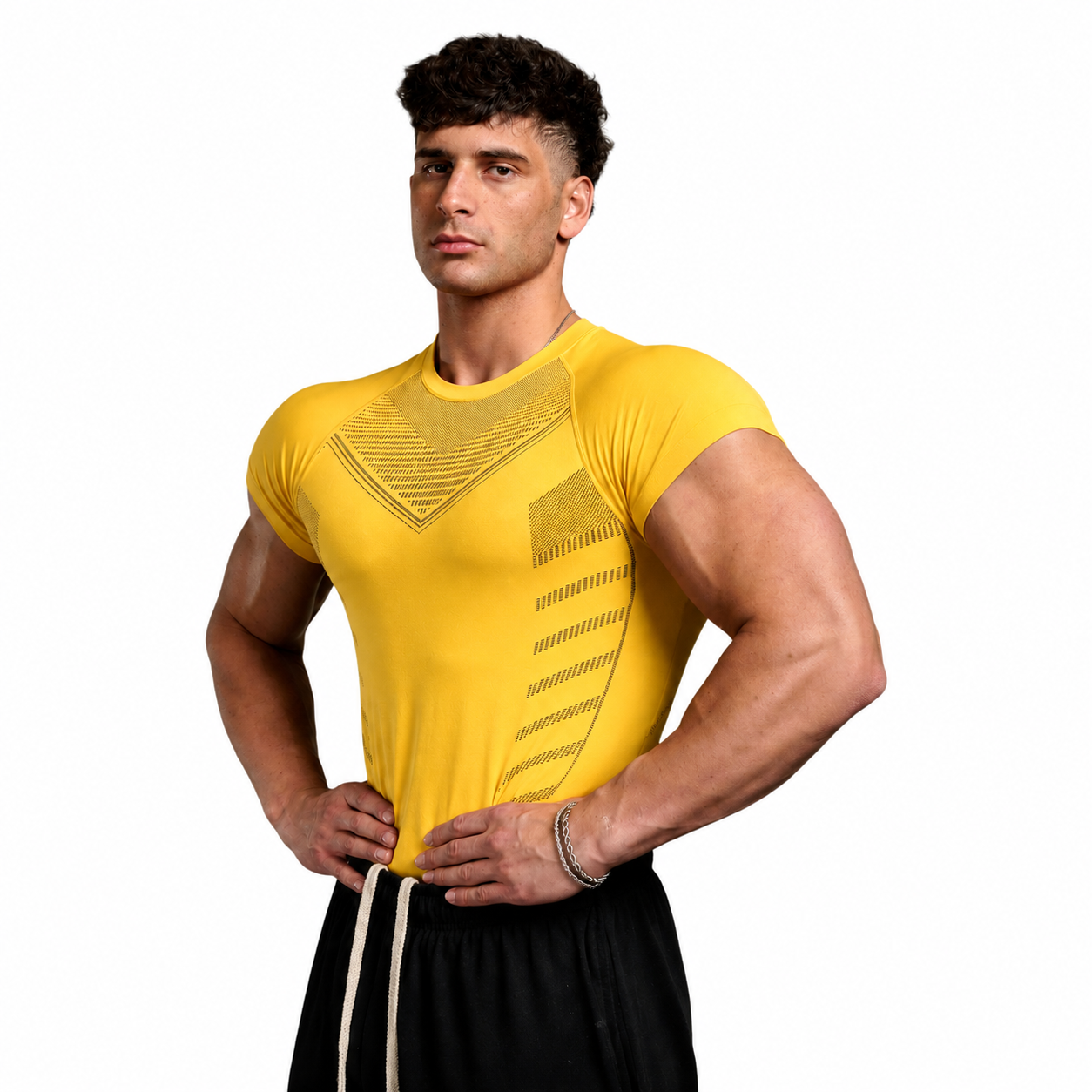 Sun yellow men’s compression short sleeve tee with contour chest pattern