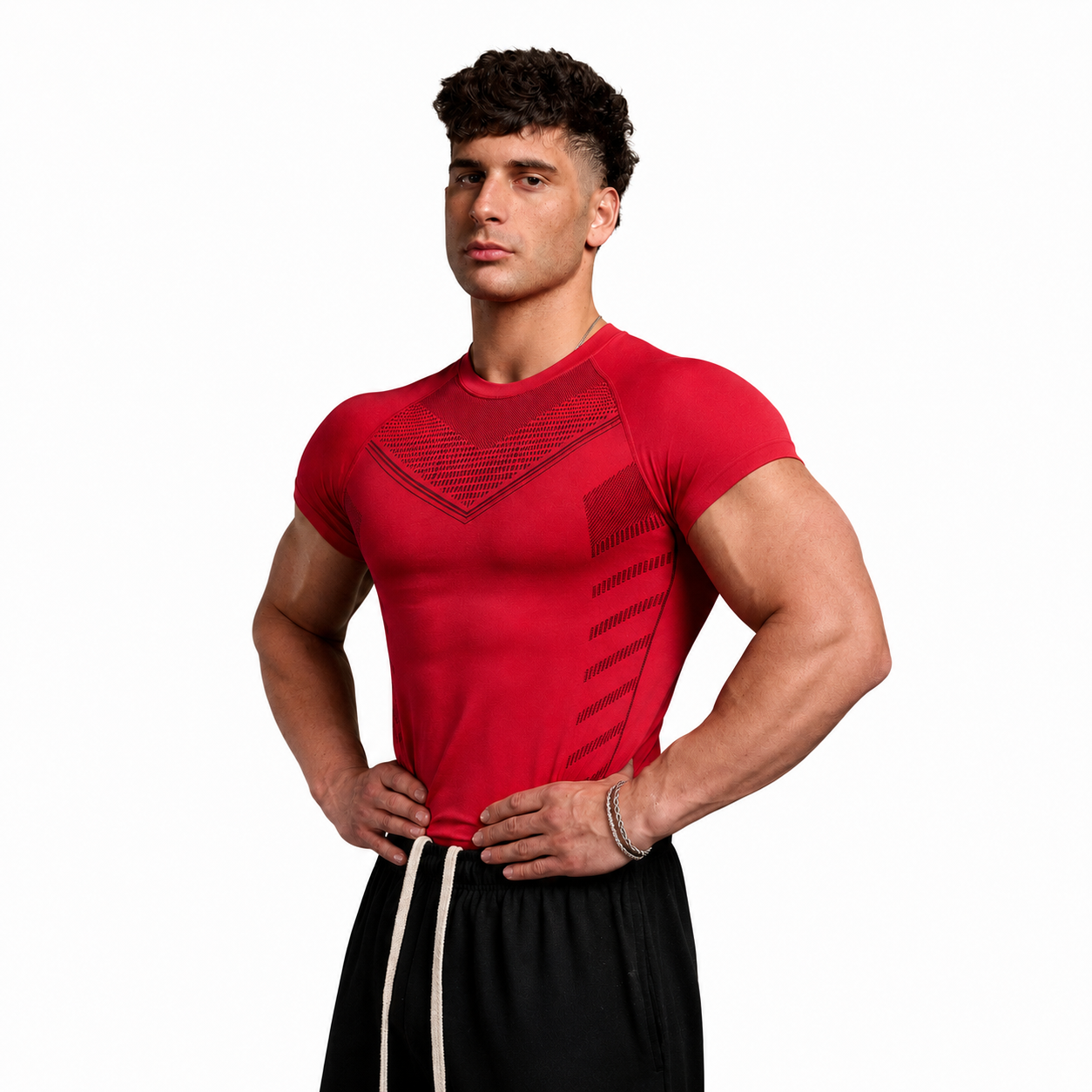 Performance red men’s compression short sleeve tee with contour details