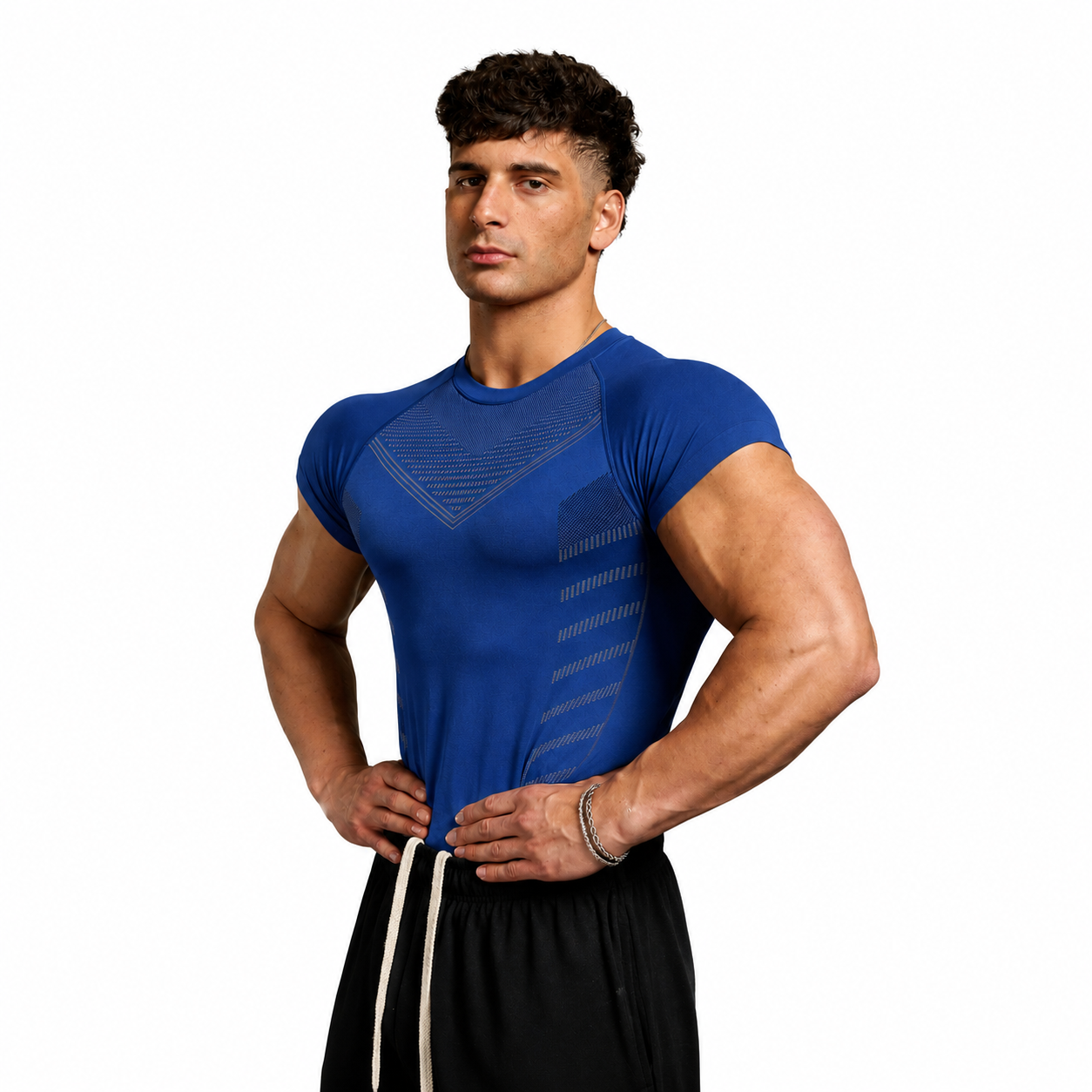 Royal blue men’s compression short sleeve tee with close body fit