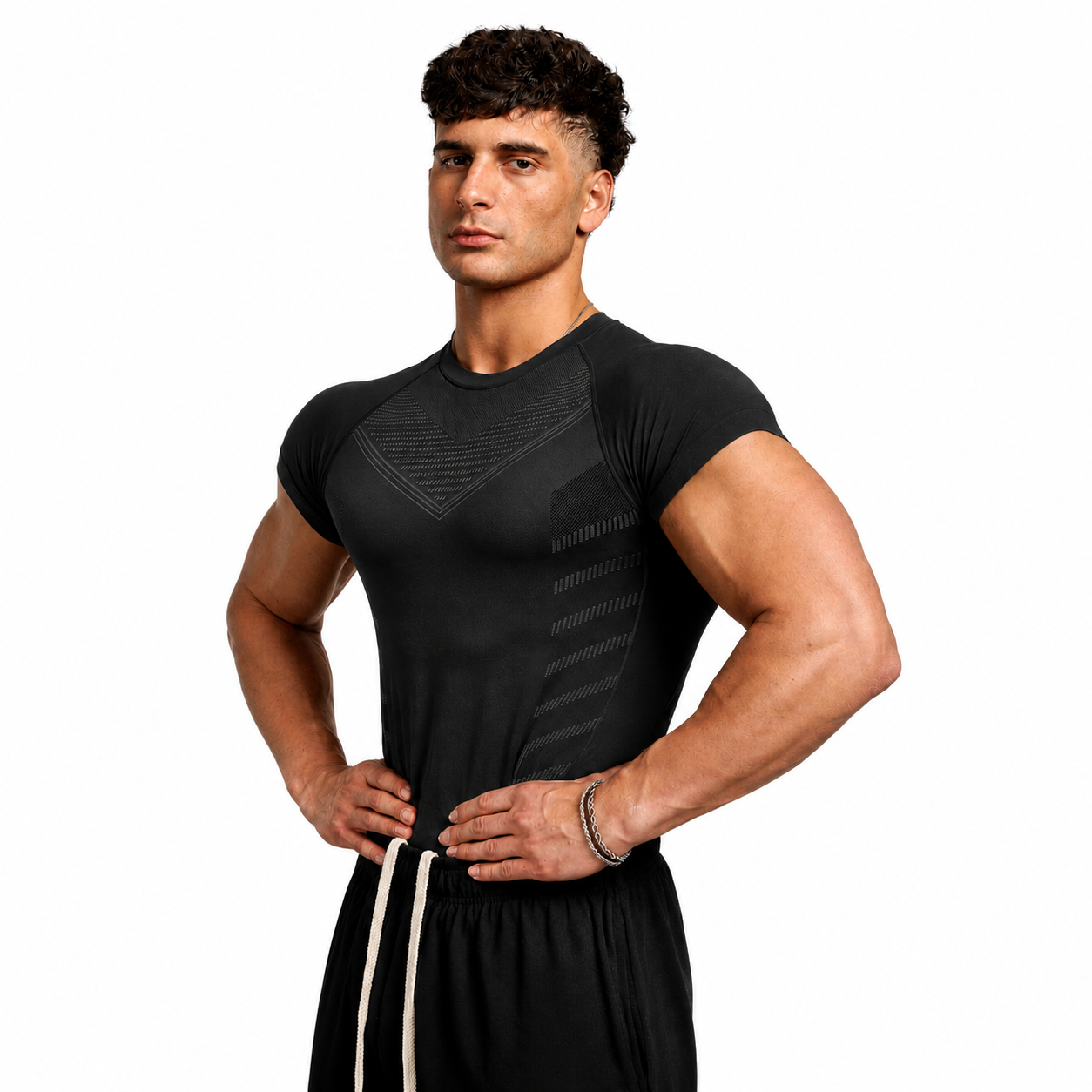 Jet black men’s compression short sleeve tee with subtle contour pattern