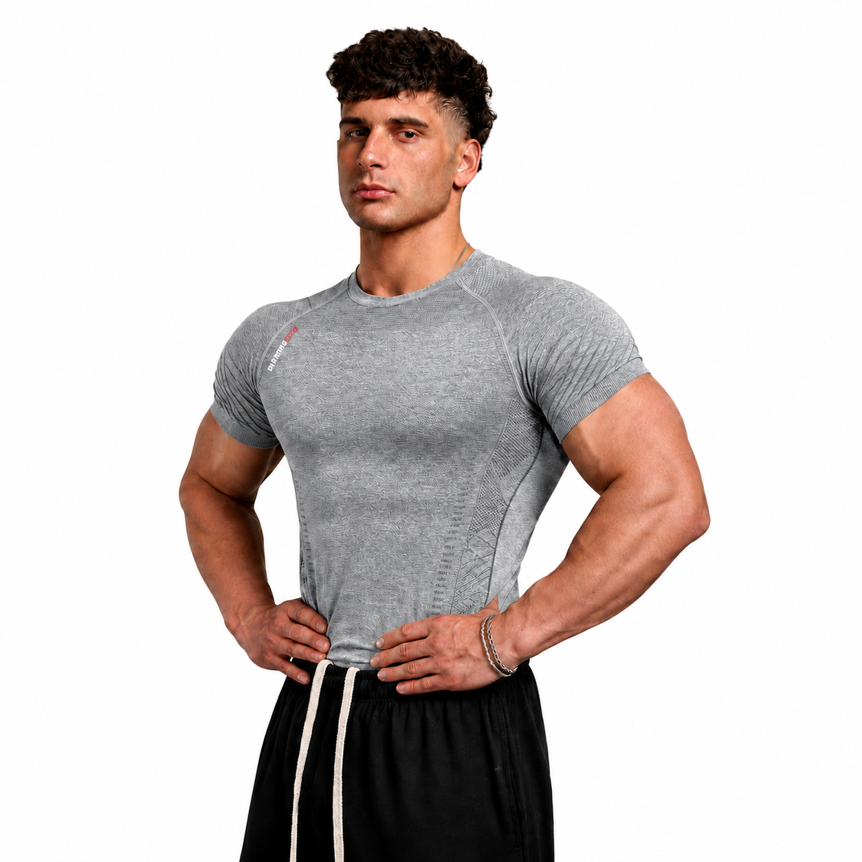Men's grey muscle fit performance tee designed to enhance shoulders, chest, and arms