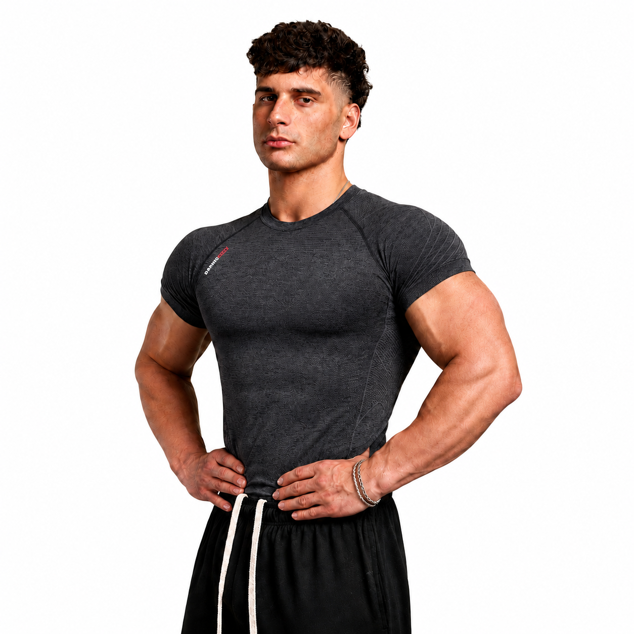 Men's black muscle fit performance tee with frame-enhancing silhouette