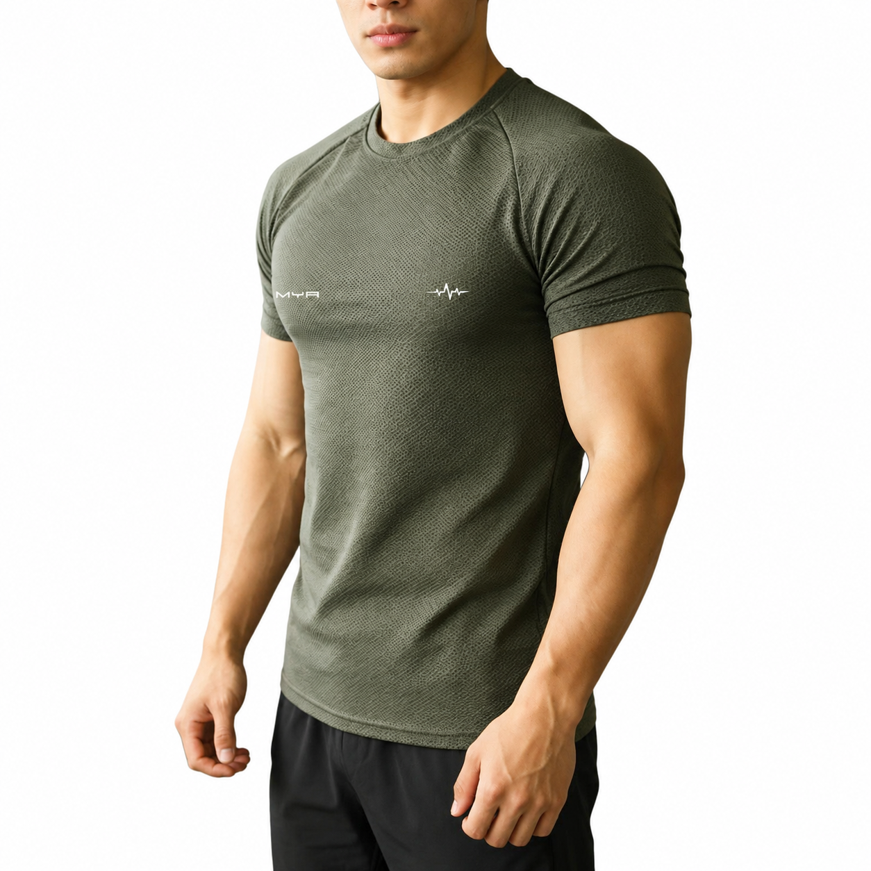 Men's olive green muscle fit training shirt with textured performance fabric