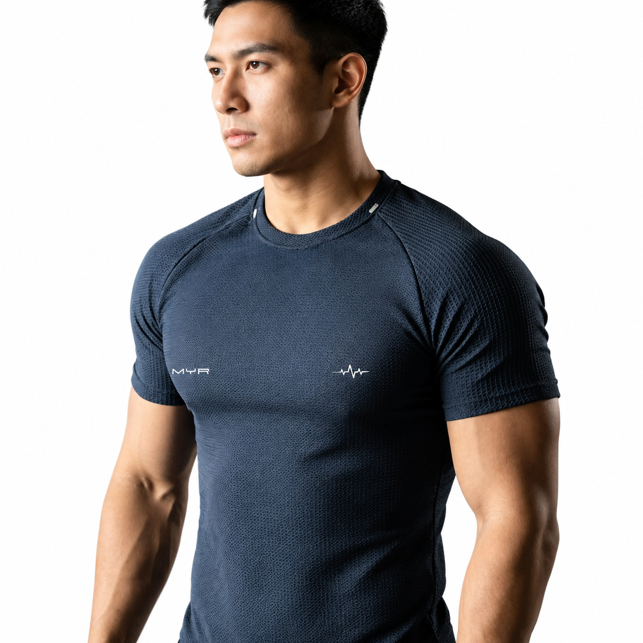 Men's midnight navy fitted athletic tee designed to enhance shoulders and chest
