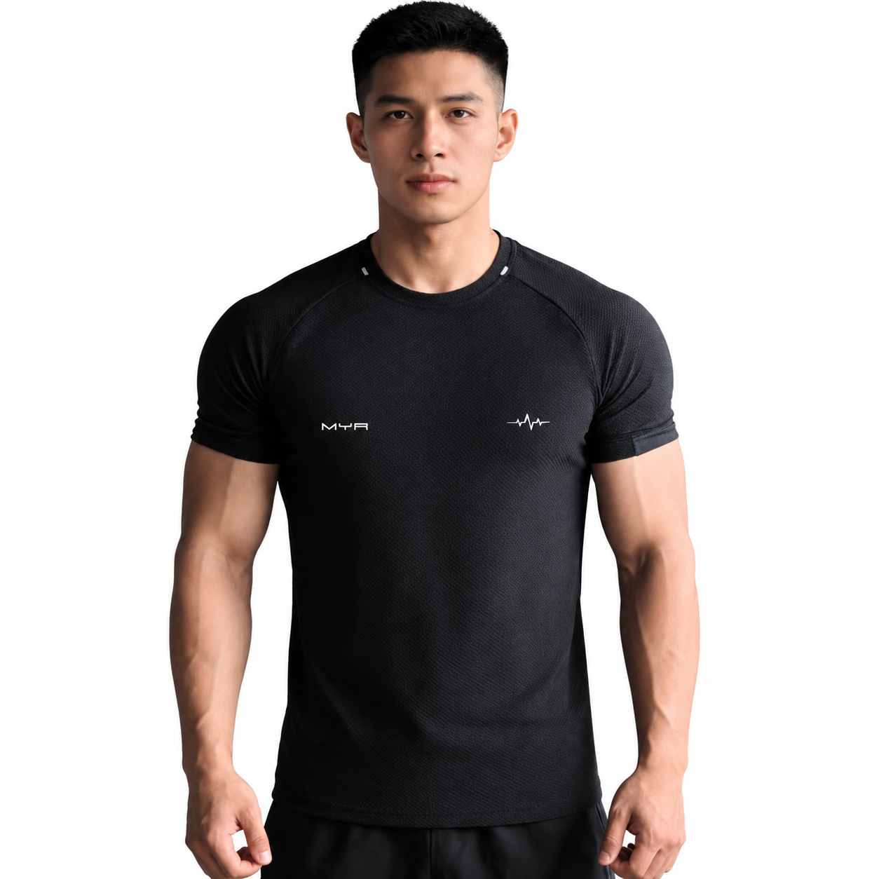 Men's black textured muscle fit tee with clean frame-enhancing silhouette
