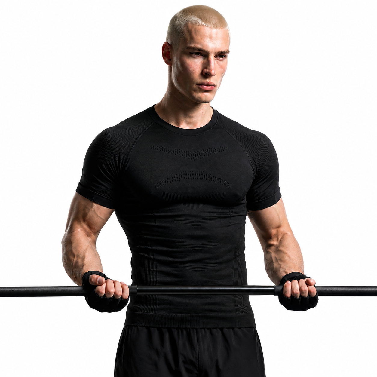 Men's black seamless muscle fit training tee with close athletic fit