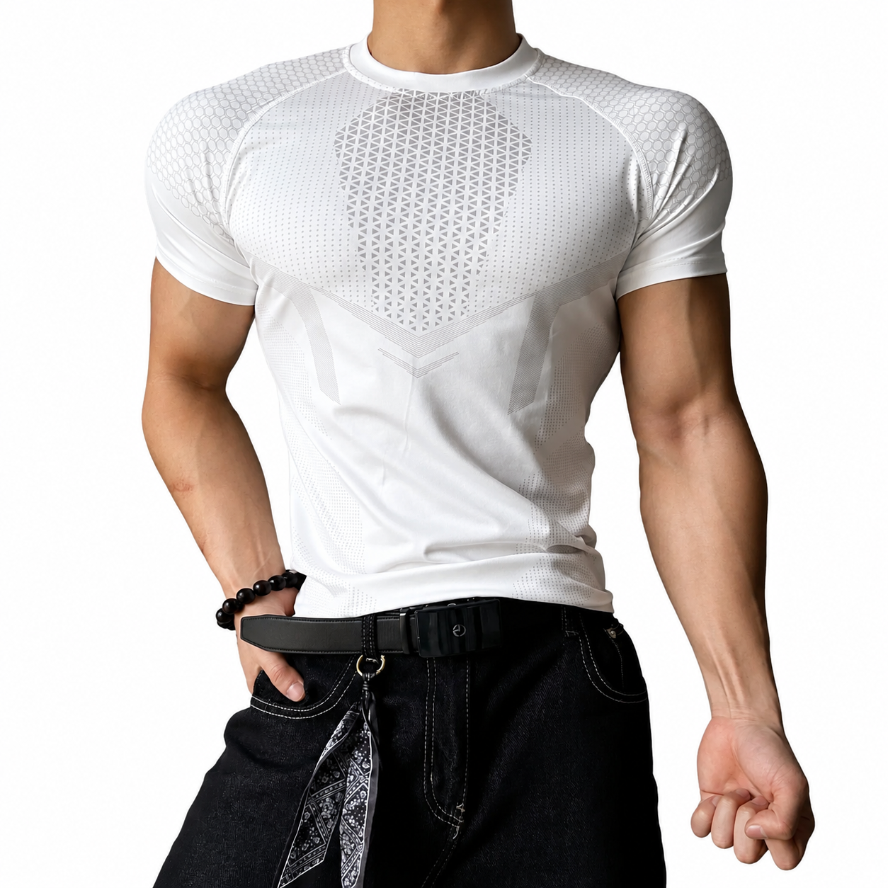 Mens white geometric muscle fit tee with close athletic fit and panel details
