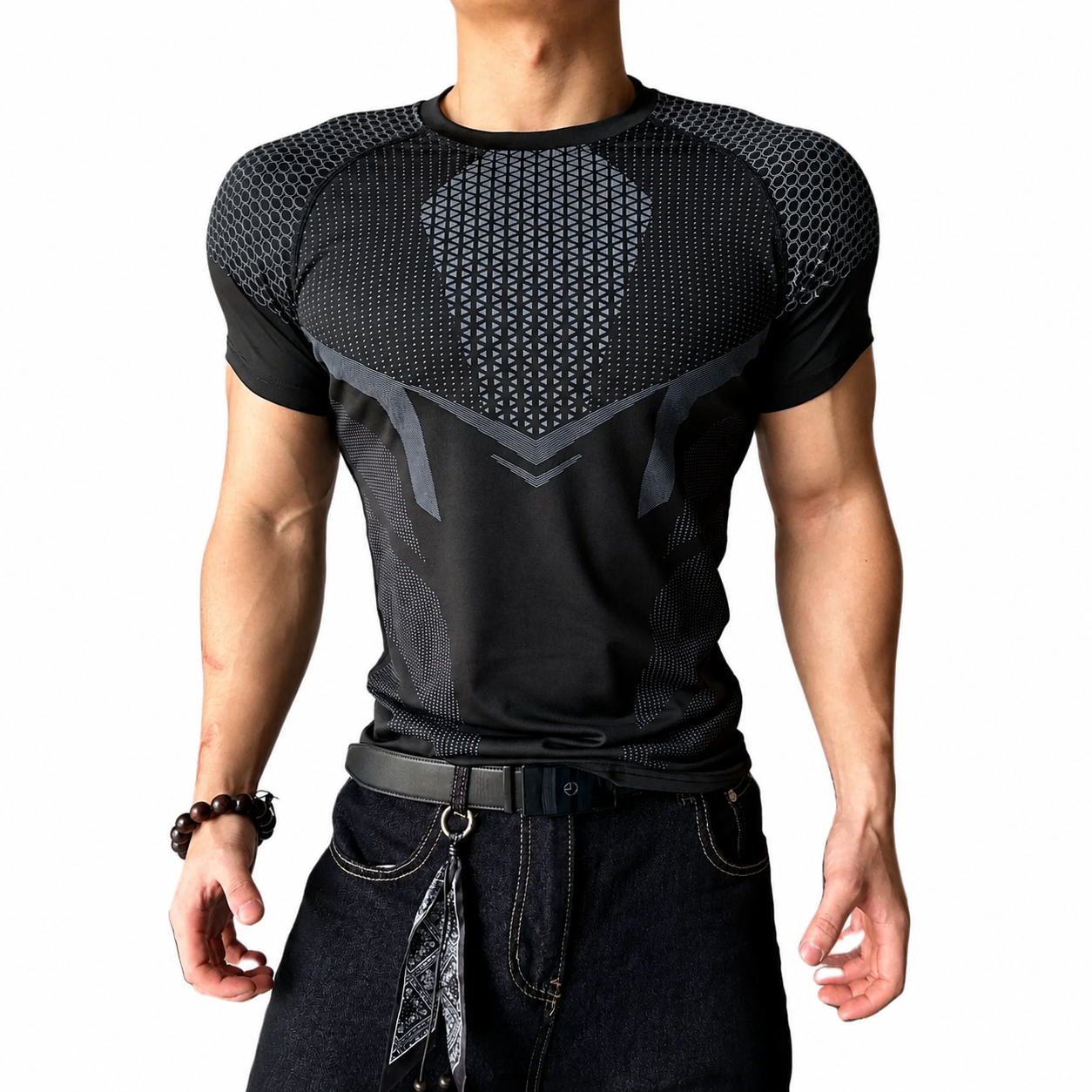 Mens black geometric muscle fit performance tee with technical chest panel design