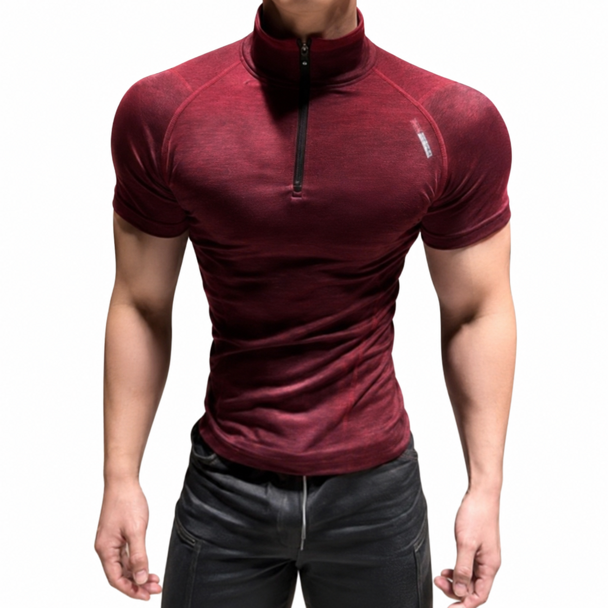 Mens deep burgundy quarter zip muscle fit tee with close athletic shape