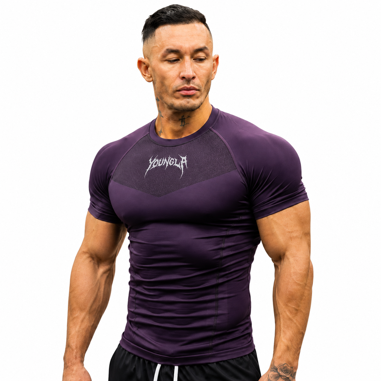 Mens deep purple raglan muscle fit tee with sharp performance panel details