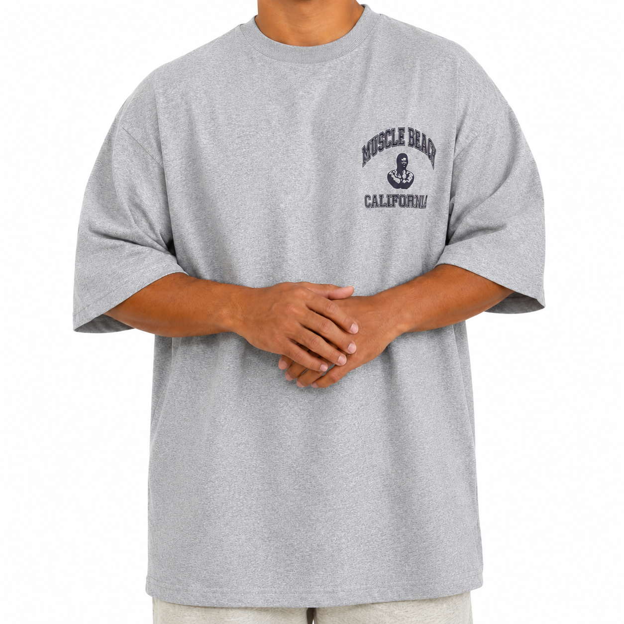 Mens heather grey oversized gym graphic tee with vintage athletic chest print