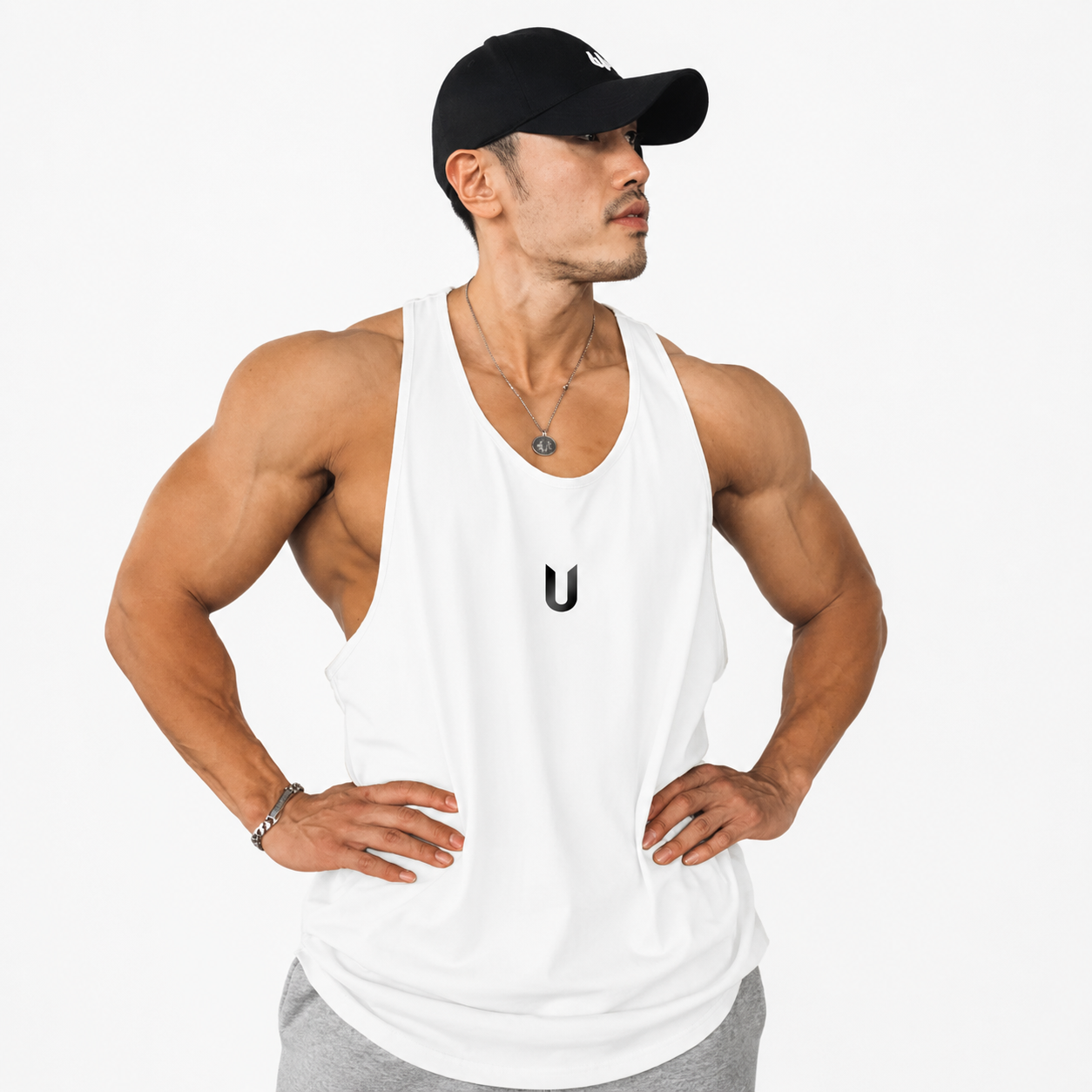 Mens clean white open arm training tank with relaxed athletic fit