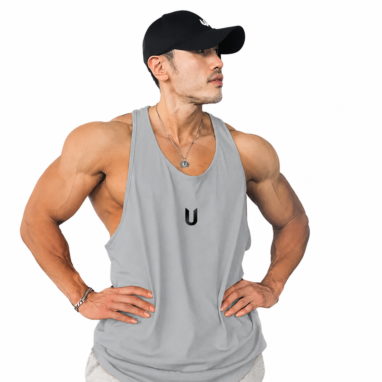Mens light grey gym training tank with deep cut armholes