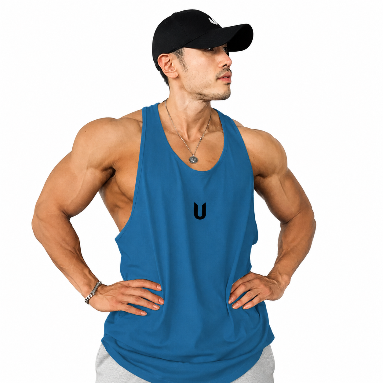 Mens ocean blue open arm workout tank for lifting and training
