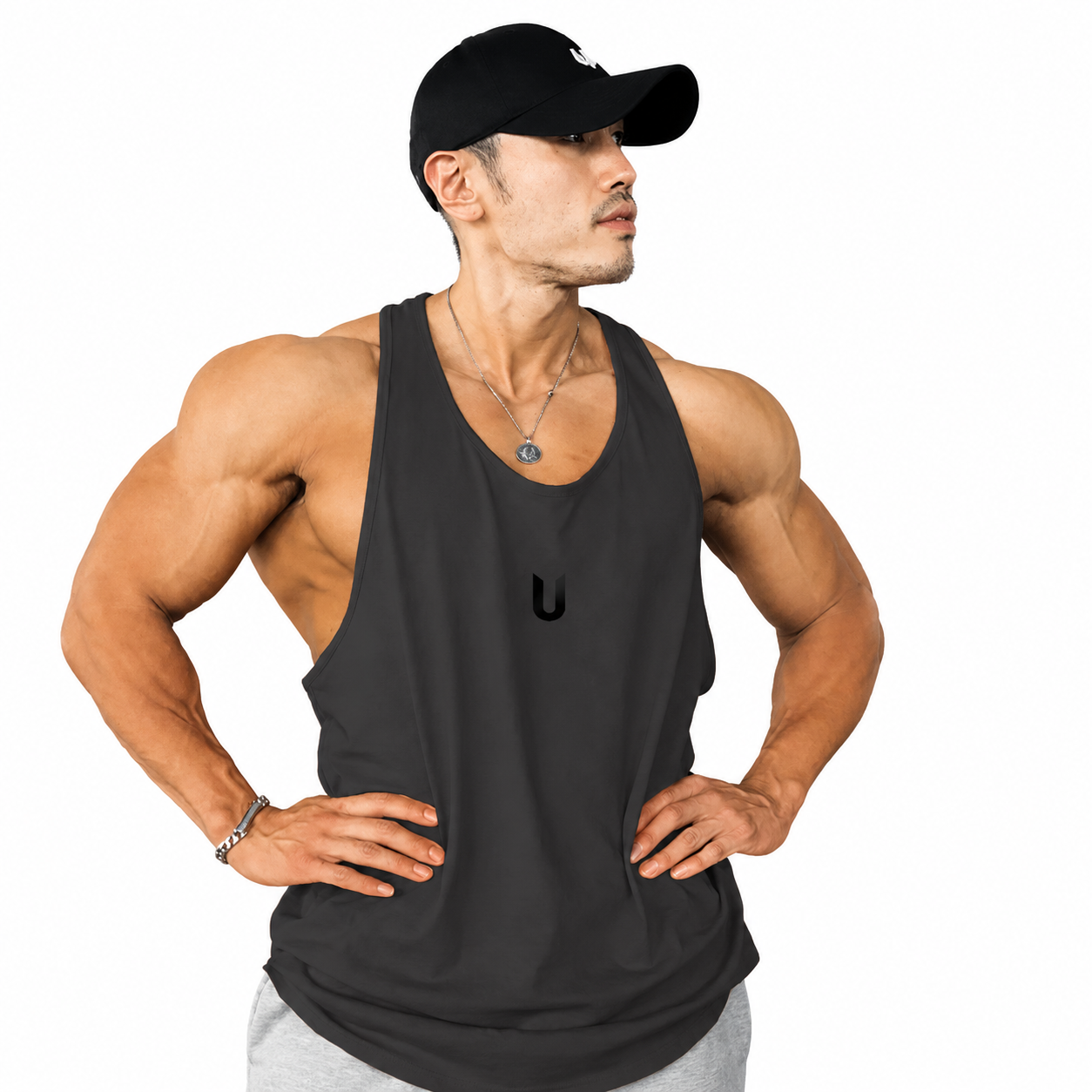 Mens black open arm training tank with clean gym-ready silhouette