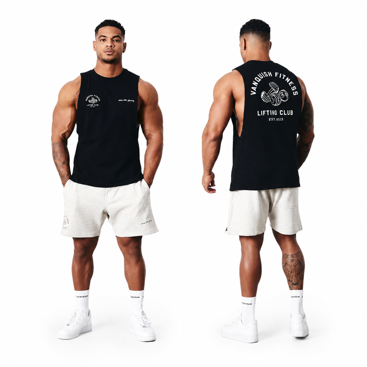 Mens black cutoff gym tank with lifting club back graphic and relaxed athletic fit
