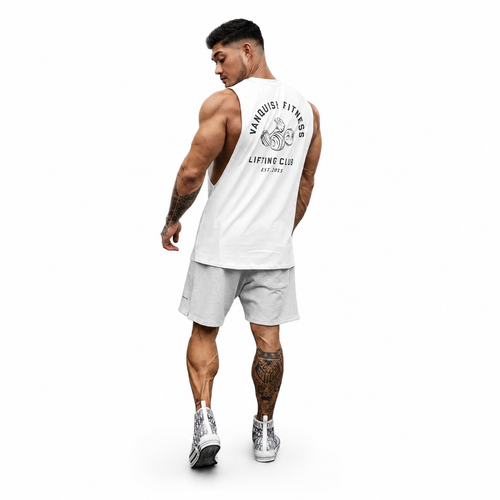 Mens white cutoff tank top with bold back graphic and sleeveless gym cut
