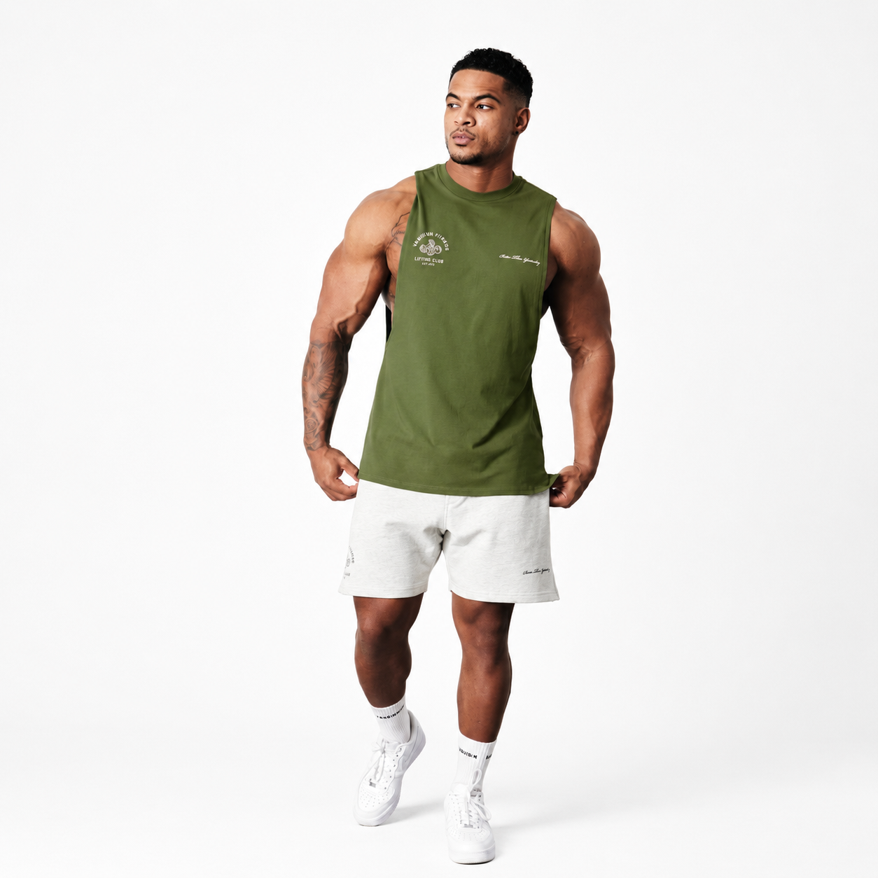 Mens olive green lifting club cutoff tank with relaxed athletic shape