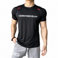 Mens black shoulder line performance tee with athletic fit and red shoulder details