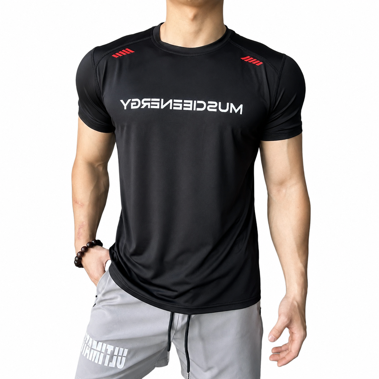 Mens black shoulder line performance tee with athletic fit and red shoulder details