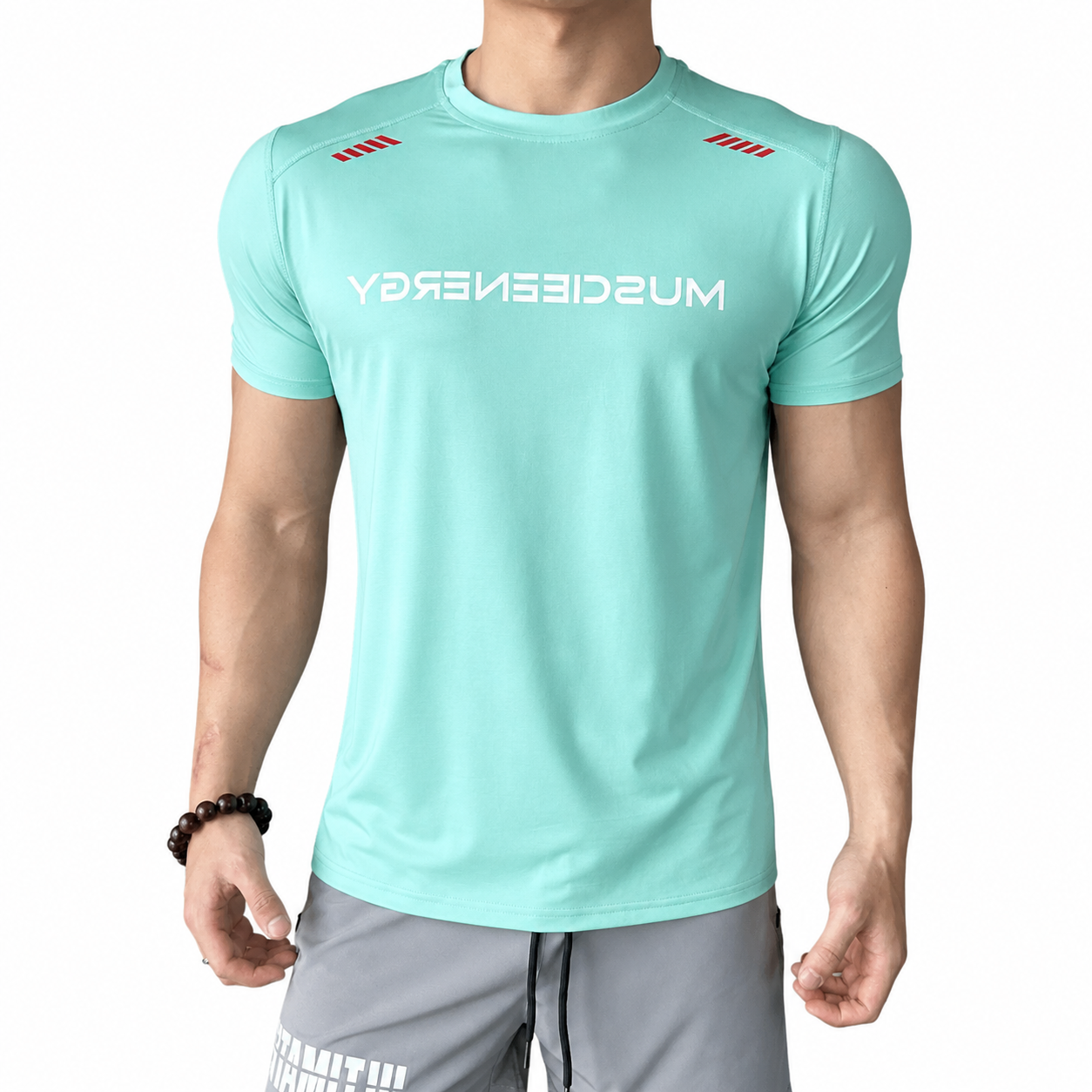 Mens aqua mint performance tee with contrast shoulder line details
