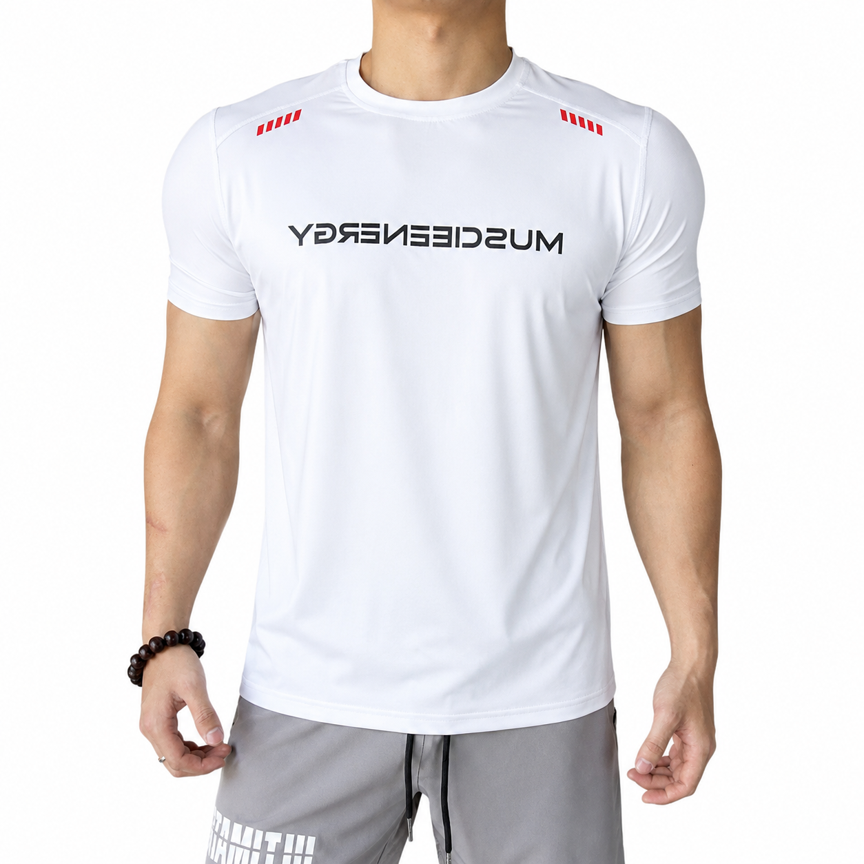 Mens white shoulder line performance tee with clean athletic look
