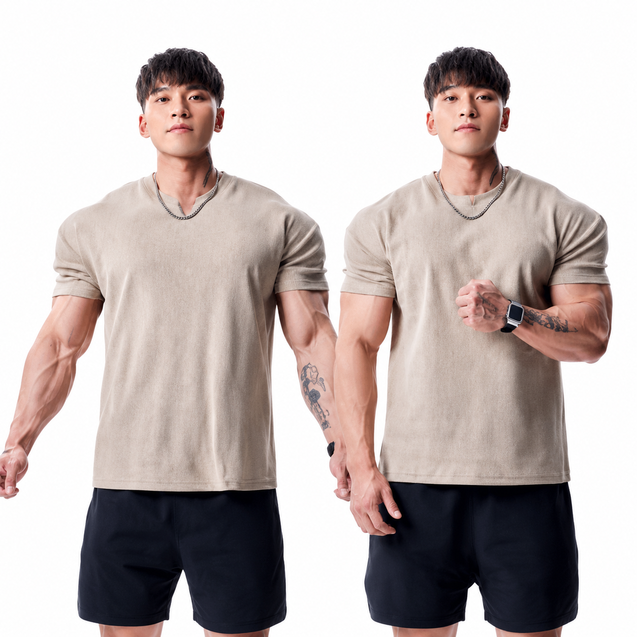 Mens sand beige notch neck tee with soft everyday training look