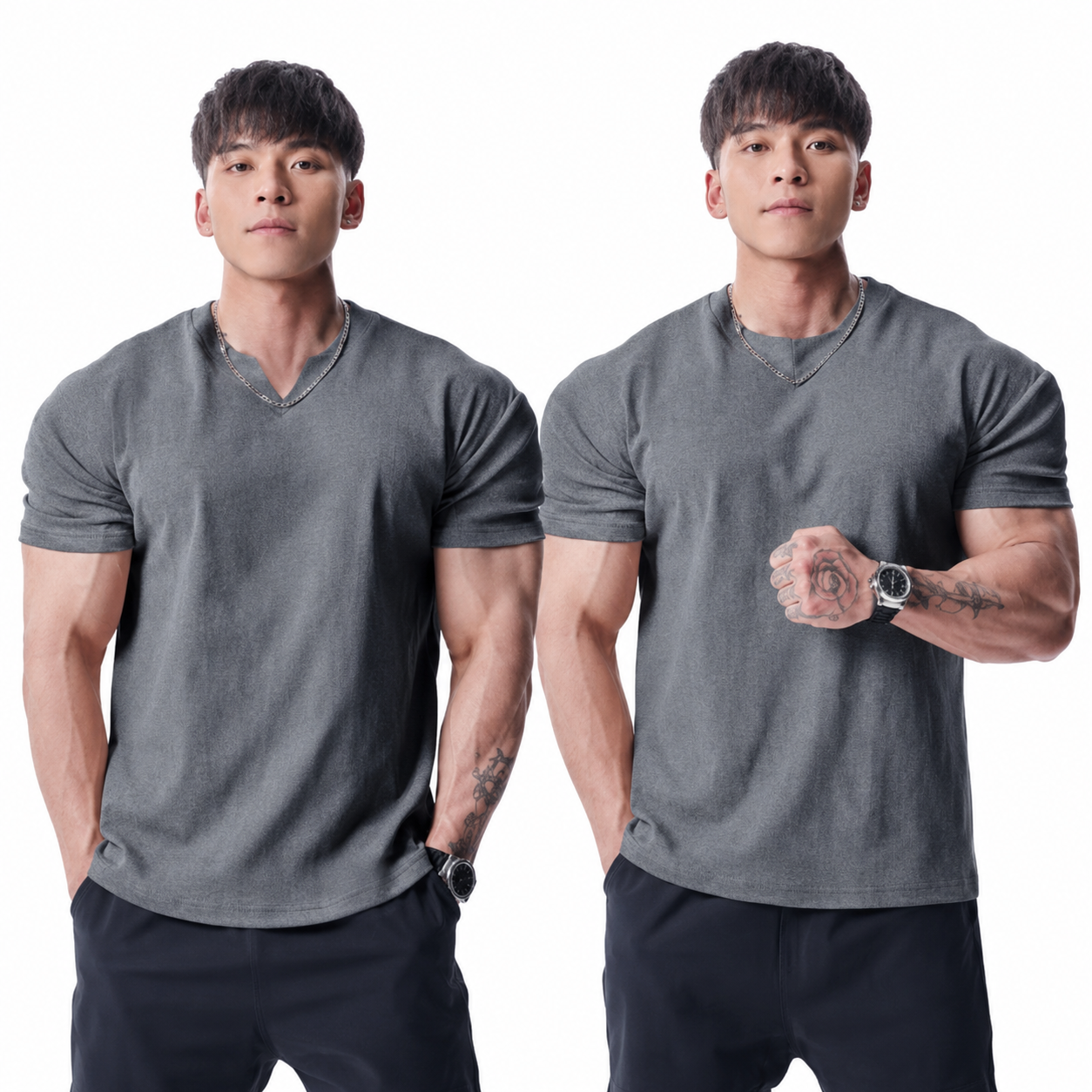 Mens charcoal grey notch neck training shirt with short sleeves
