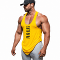 Mens yellow rage stringer tank with deep cut armholes and gym graphic
