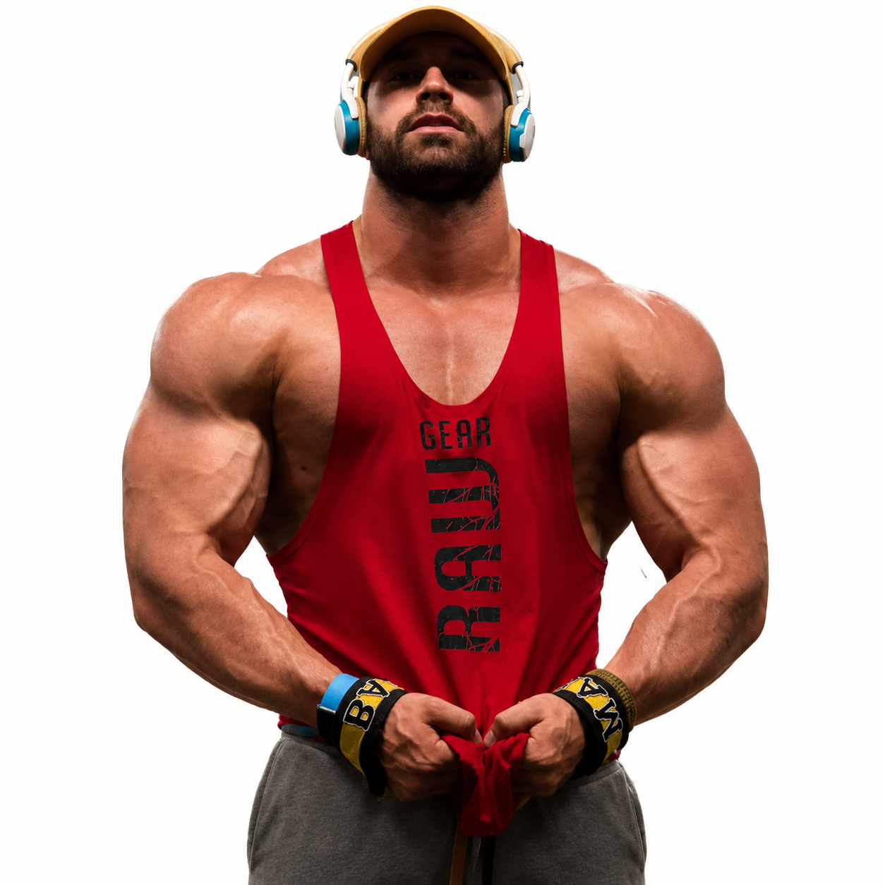 Mens red bodybuilding stringer tank with low scoop neckline and lifting fit
