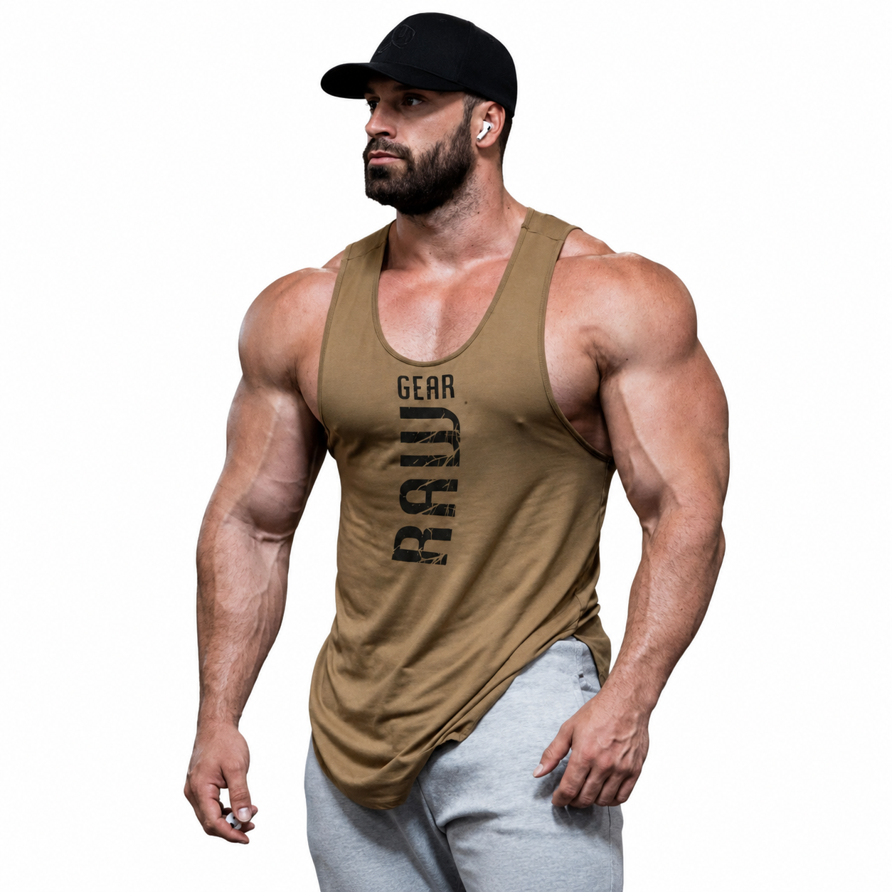 Mens bronze olive stringer tank with open arm gym silhouette
