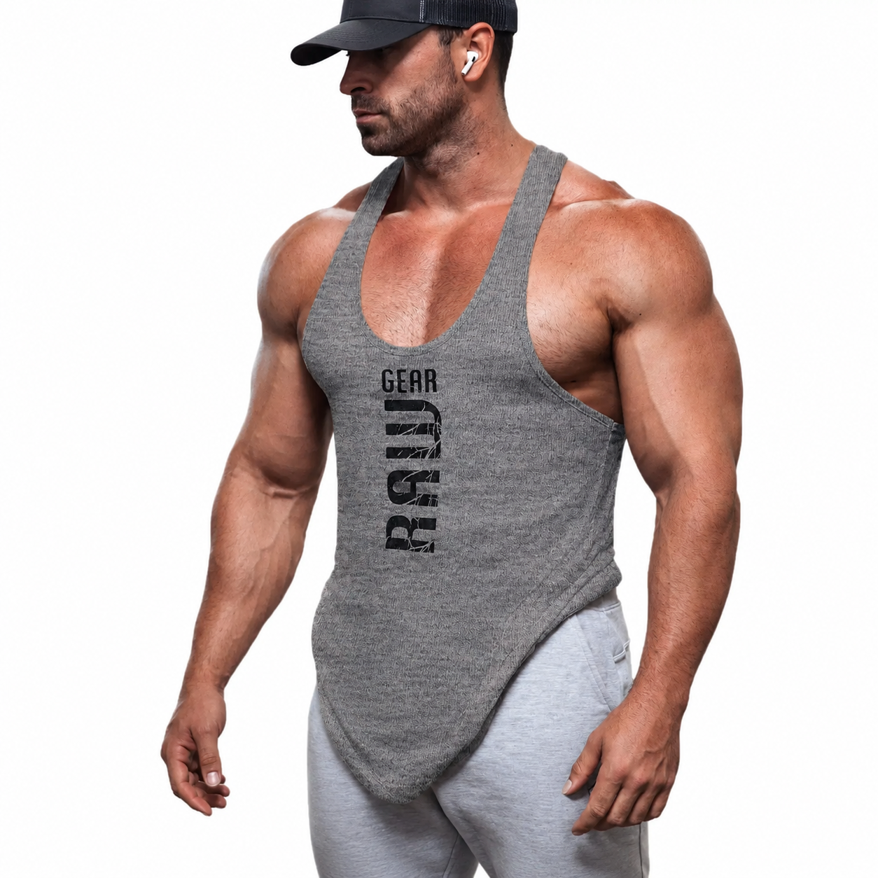 Mens heather grey rage stringer tank with vertical gym graphic print
