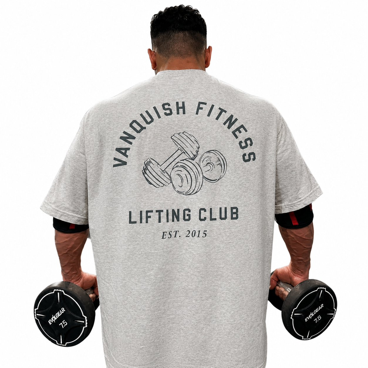Mens heather grey oversized lifting club tee with bold back dumbbell graphic