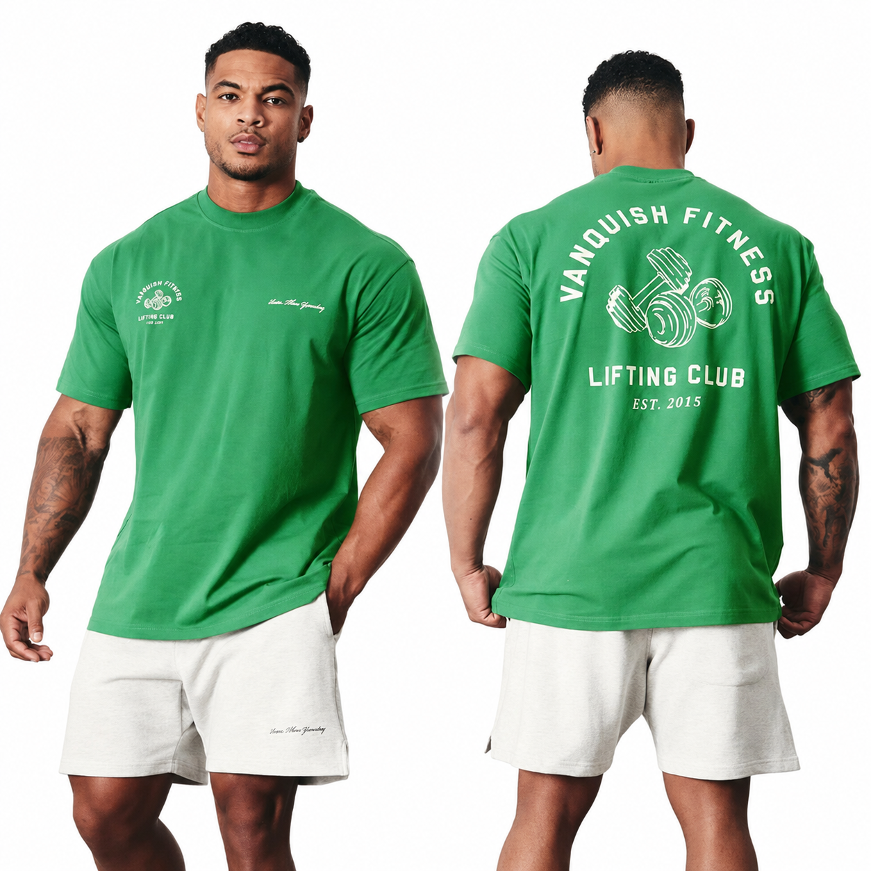 Mens green lifting club oversized tee with front and back gym graphics
