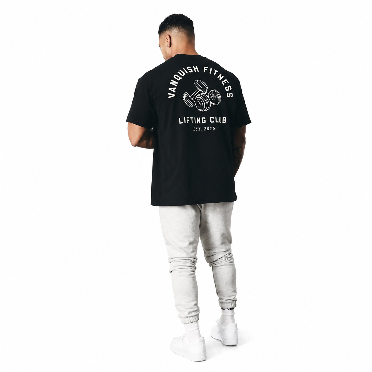 Mens black oversized lifting club tee with white back graphic and relaxed fit
