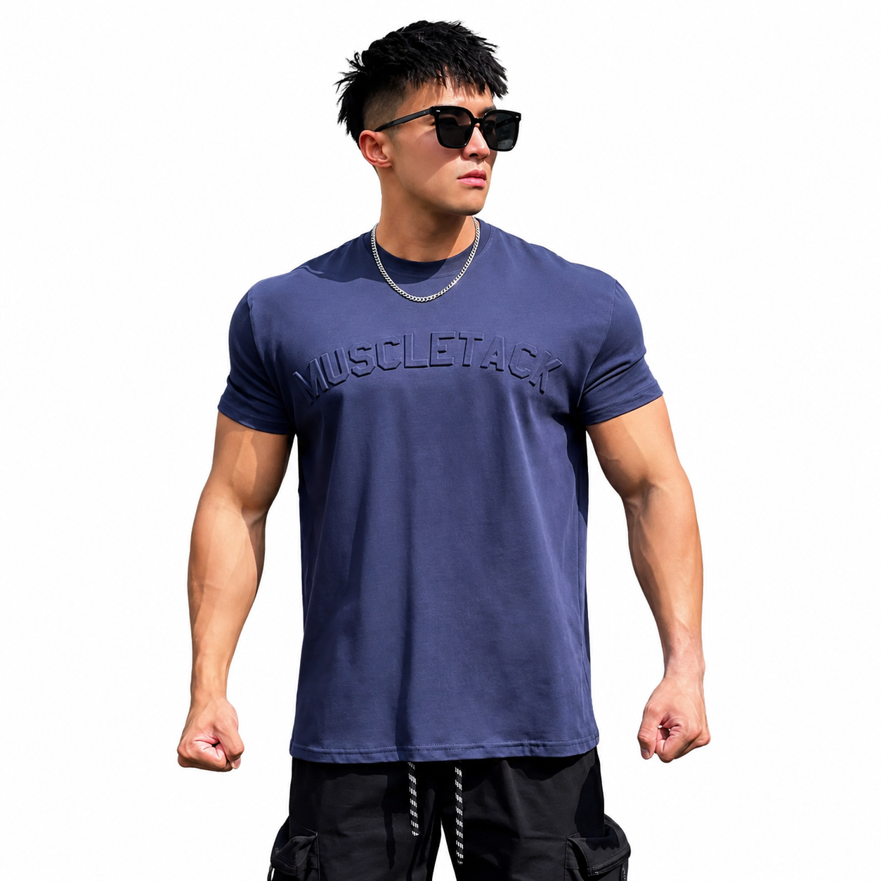 Mens deep navy embossed logo tee with short sleeves and clean gym style